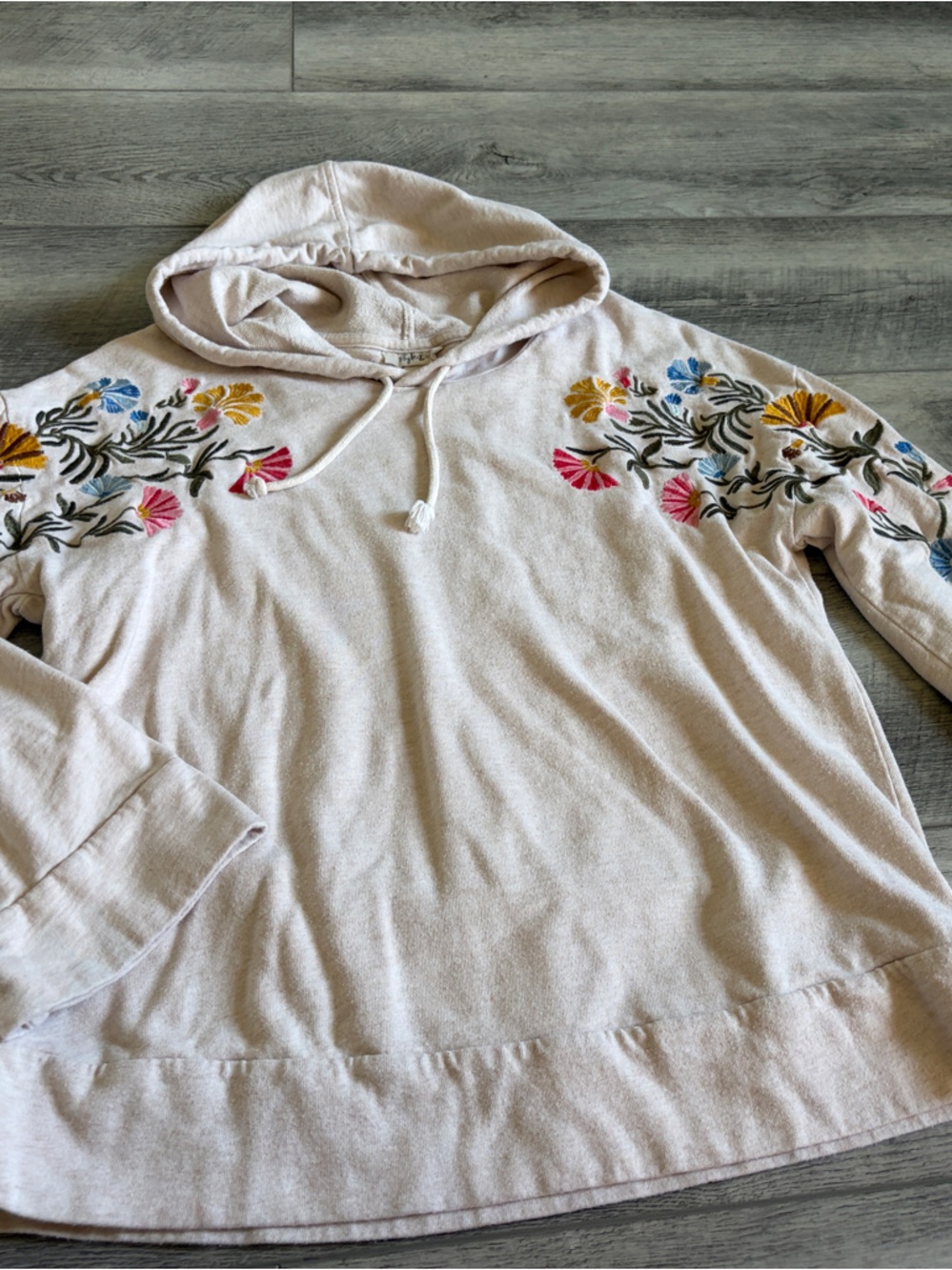 Style & Co. Cream Hoodie with Multicolor Floral Embroidery